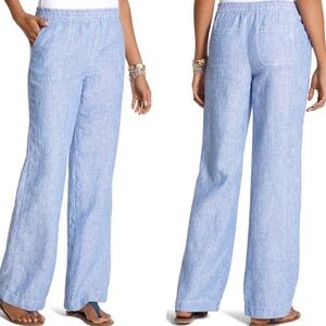 CHICO’S 100% linen blue and white striped wide leg pull on pants size small